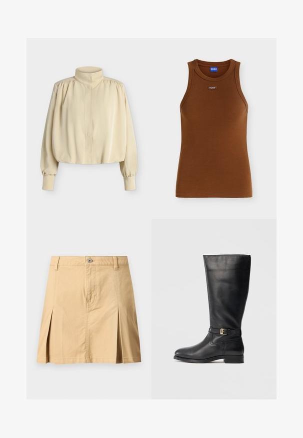 Blouse beige à manches longues avec col montant, épaules bouffantes, poignets boutonnés et coupe ample légèrement raccourcie sur fond uni.; Débardeur marron côtelé sans manches avec encolure ronde et petit patch logo HUGO au centre devant sous le col.; Jupe beige longueur genou avec passants de ceinture, fermeture à boutons sur le devant, deux plis avant et coutures visibles sur fond uni.; Bottes noires en cuir, arrivant jusqu'au genou, avec une texture lisse, un petit détail de boucle en or, un bout rond et un talon bas empilé. Design simple et épuré.