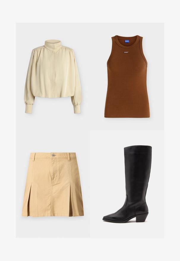 Blouse beige à manches longues avec col montant, épaules bouffantes, poignets boutonnés et coupe ample légèrement raccourcie sur fond uni.; Débardeur marron côtelé sans manches avec encolure ronde et petit patch logo HUGO au centre devant sous le col.; Jupe beige longueur genou avec passants de ceinture, fermeture à boutons sur le devant, deux plis avant et coutures visibles sur fond uni.; Botte en cuir noire mi-mollet avec un bout pointu et un talon bas incliné sur un fond clair uni.