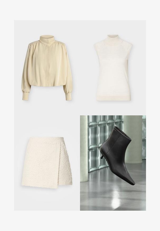 Blouse beige à manches longues avec col montant, épaules bouffantes, poignets boutonnés et coupe ample légèrement raccourcie sur fond uni.; Pull sans manches à col roulé crème avec col et ourlet côtelés, présenté sur un fond clair uni.; Mini-jupe en tissu beige crème texturé avec un devant croisé asymétrique et une ceinture droite sur un fond uni.; Bottine en cuir noir avec bout pointu et petit talon, présentée devant un mur en blocs de verre et un sol poli.