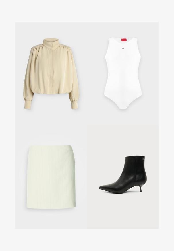Blouse beige à manches longues avec col montant, épaules bouffantes, poignets boutonnés et coupe ample légèrement raccourcie sur fond uni.; Body blanc sans manches, ajusté, avec encolure ronde et petit logo noir "HUGO" sur la poitrine, étiquette de marque rouge à l'intérieur du col.; Jupe crayon ivoire longueur genou avec de subtiles fines rayures verticales et une taille cintrée.; Bottine en cuir noir avec bout pointu et petit talon kitten sur fond clair, vue côté extérieur.
