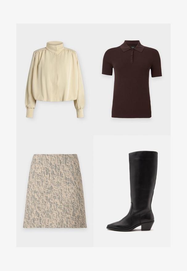Blouse beige à manches longues avec col montant, épaules bouffantes, poignets boutonnés et coupe ample légèrement raccourcie sur fond uni.; Polo en maille côtelée à manches courtes de couleur brun foncé avec trois boutons et un col classique, présenté sur un fond uni.; Mini-jupe en tissu tissé beige et gris avec une forme évasée en A et un motif irrégulier subtil.; Botte en cuir noire mi-mollet avec un bout pointu et un talon bas incliné sur un fond clair uni.
