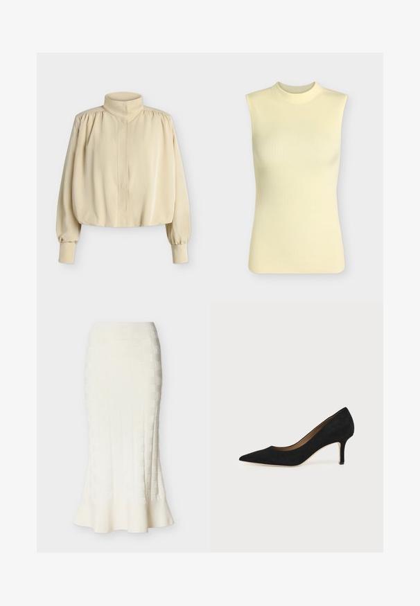 Blouse beige à manches longues avec col montant, épaules bouffantes, poignets boutonnés et coupe ample légèrement raccourcie sur fond uni.; Top sans manches en maille côtelée jaune pâle avec un col rond montant, silhouette ajustée et tissu doux texturé.; Jupe crayon midi blanche avec motif carré texturé et détail à ourlet évasé sur fond neutre.; Escarpin en daim noir à bout pointu avec un talon stiletto fin de hauteur moyenne et un design à coupe basse sur un fond uni.