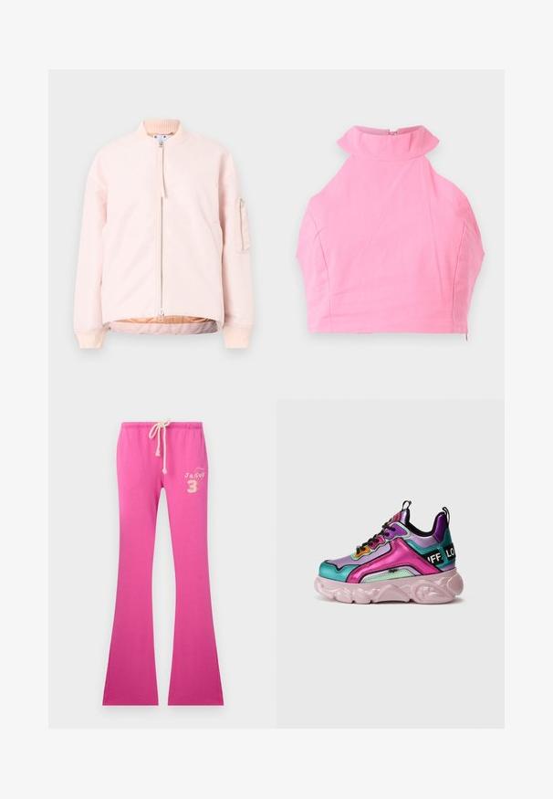 Chaqueta bomber de color rosa claro con cremallera frontal, cuello y puños de canalé, y un bolsillo lateral. Textura suave y corte relajado.; Top corto rosa con un alto collar con volantes, textura suave y cierre de cremallera en la parte trasera. Ajuste entallado y sin patrones o acentos adicionales.; Pantalones de chándal rosa acampanados con cintura ajustable, que presentan una textura suave y un diseño bordado en el lado izquierdo.; Zapatilla deportiva multicolor con superficies metálicas en púrpura, rosa y teal, suela de goma texturizada, cordones negros y detalles del logo en el lateral.