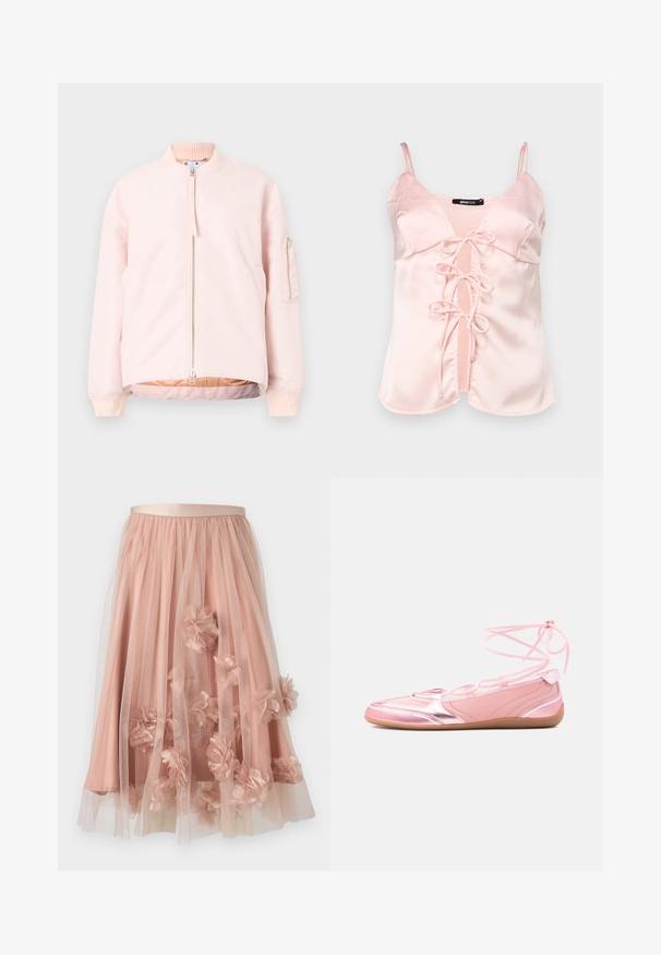 Chaqueta bomber de color rosa claro con cremallera frontal, cuello y puños de canalé, y un bolsillo lateral. Textura suave y corte relajado.; Top de satén rosa con tirantes ajustables, que presenta un cierre frontal con lazo y un diseño con escote en V. Textura suave y líneas limpias.; Falda de tul en rosa suave con cinturilla de satén. Cuenta con tela transparente en capas y apliques florales tridimensionales por toda la prenda.; Zapatillas de ballet rosas con detalles metálicos, textura suave y diseño con cordones. Cuenta con una suela delgada y flexible y una marca en el costado.