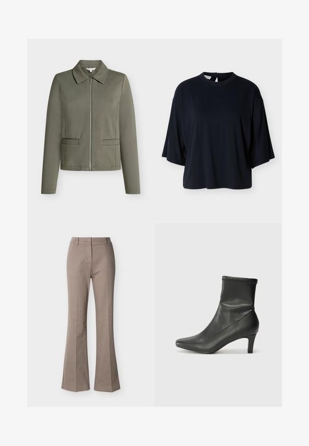Veste zippée vert olive avec un col pointu, des manches longues et deux poches avant. Fabriquée en tissu texturé.; Chemise noire à manches courtes oversize avec col rond et fermeture par bouton dans le dos, présentée sur un fond blanc.; Pantalon beige taille haute à jambes larges, avec détails de couture à l'avant, passants de ceinture et fermeture frontale cachée, présenté sur un fond blanc.; Bottine noire en cuir avec un bout pointu et un talon de 6 cm. La tige a une texture lisse avec un design ajusté et des coutures discrètes.