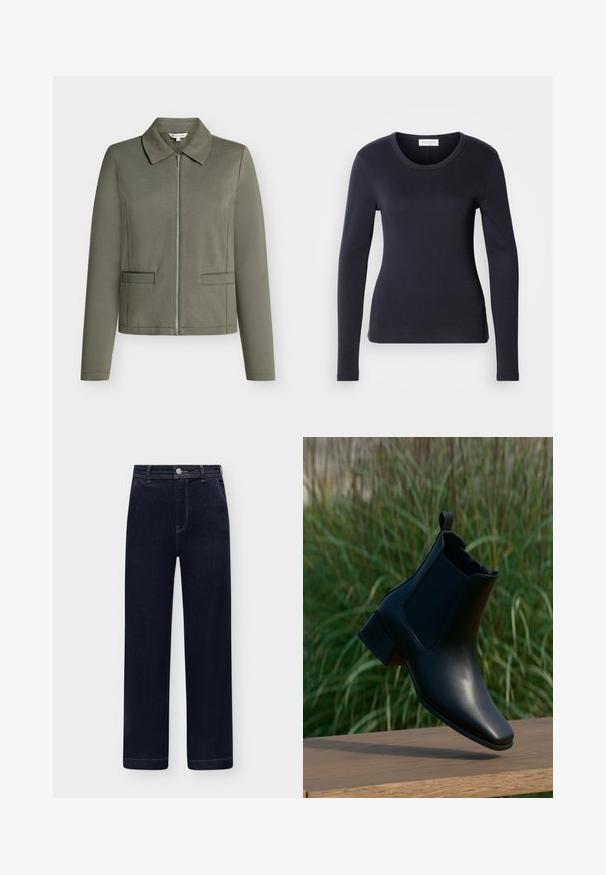Veste zippée vert olive avec un col pointu, des manches longues et deux poches avant. Fabriquée en tissu texturé.; Haut ajusté noir à manches longues en tissu lisse, avec un col rond et un design simple, arborant une petite étiquette sur le côté inférieur.; Jean en denim bleu foncé taille haute, coupe droite, poches avant, fermeture à boutons et passants de ceinture sur fond clair.; Bottine en cuir noir à talon bloc équilibrée sur une surface en bois, fond d'herbe haute verte.