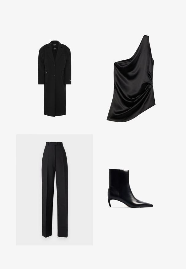 Sort oversized frakke med klapkrave, enkelt knaplukning, frontlommer og en glat tekstur. Har et mærke på ærmet.; Sort satin-top med en asymmetrisk halsudskæring, draperet stofdetalje og blød tekstur. Har én skulder og en flydende silhuet.; Sorte højtaljede bukser med plisseringer, der har et skræddersyet design og lige ben. Fremstillet af et glat stof med minimal detaljering.; Sort læderankelstøvle med spidse tæer og en lille, slank hæl. Glat tekstur med et strømlinet, minimalistisk design.