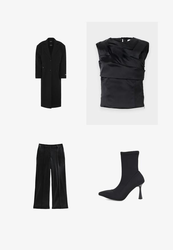 Manteau oversized noir avec un col à revers, fermeture à un bouton, poches avant et une texture lisse. Présente une étiquette de marque sur la manche.; Top en satin noir avec un design structuré, des épaules larges et un panneau avant asymétrique, fermé par une fermeture éclair au dos.; Pantalons larges en similicuir noir avec des plis, des poches avant, une texture lisse et une coupe ajustée. Présente une taille mi-haute.; Bottine noire à bout pointu, en tissu extensible, avec un talon haut et fin. Présente une texture lisse et sans métal apparent ni embellissements.