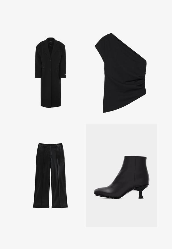 Sort oversized frakke med klapkrave, enkelt knaplukning, frontlommer og en glat tekstur. Har et mærke på ærmet.; Sort top med én skulder lavet af strækbart stof, med en detaljeret ruched side og en asymmetrisk kant. Glat tekstur med let fald.; Sorte faux læder bukser med bred benlinje, plisseringer, forlommer, en glat tekstur og en skræddersyet pasform. Har en mellem høj talje.; Sort læderankelstøvle med spids tå og unik buet hæl i mellemstor højde, vist på en ensfarvet lysegrå baggrund.