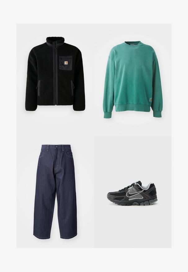 Zwarte fleecejack met een ritssluiting aan de voorkant, hoge kraag en textielstructuur. Voorzien van een borstzak en zijzakken met ritssluitingen.; Groene crewneck sweatshirt van een katoenmix. Voorzien van ribgebreide mouwen en zoom, een relaxte pasvorm en een klein logo-label aan de onderzijde aan de linkerzijde.; Donkerblauwe denim jeans met een losse, wijde pasvorm. Kenmerken zijn een knoopsluiting, steekzakken aan de voorkant en zichtbare stiksels.; Zwarte sportschoen met meshpanelen en synthetische accenten. Heeft een afgeronde neus, een dikke, gedempte zool en contrasterende witte logodetails.