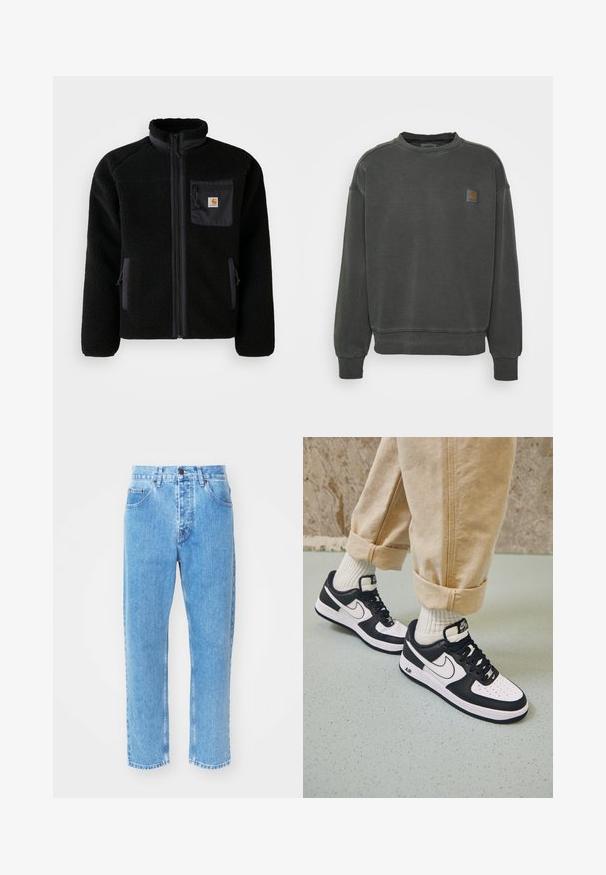 Veste en polaire noire avec fermeture éclair à l'avant, col haut et tissu texturé. Elle dispose d'une poche sur la poitrine et de poches latérales avec fermetures éclair.; Carhartt WIP NELSON - Sweatshirt - black garment dyed; Des jeans en denim bleu clair présentent un design à jambe droite, cinq poches et une fermeture à bouton classique au niveau de la taille.; Baskets Nike Air Force 1 en noir et blanc avec un dessus en cuir, orteil perforé et détail de semelle texturée, portées avec un pantalon beige retroussé et des chaussettes blanches.