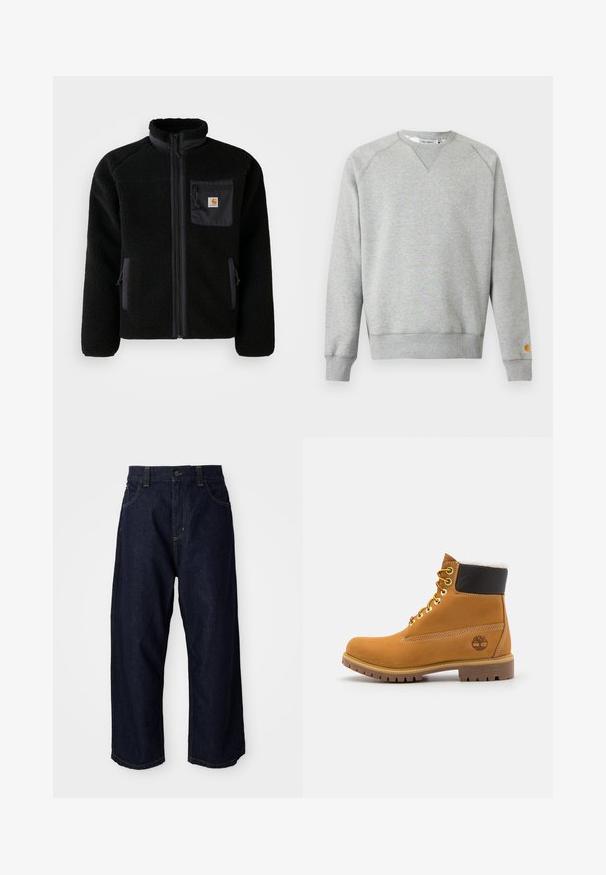 Veste en polaire noire avec fermeture éclair à l'avant, col haut et tissu texturé. Elle dispose d'une poche sur la poitrine et de poches latérales avec fermetures éclair.; Sweat-shirt gris clair à col rond, manches longues, poignets et ourlet côtelés, avec une petite étiquette logo sur le poignet de la manche gauche.; Pantalons en denim bleu foncé avec une coupe décontractée, dotés d'un rabat à boutons, de passants de ceinture, et de coutures jaunes sur les poches et les coutures.; Bottine en cuir brun avec œillets en métal, doublure en fourrure blanche, col rembourré noir, semelle robuste et logo en relief sur le côté.