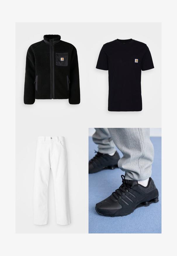 Veste en polaire noire avec fermeture éclair à l'avant, col haut et tissu texturé. Elle dispose d'une poche sur la poitrine et de poches latérales avec fermetures éclair.; T-shirt en coton noir à manches courtes, col rond et poche poitrine avec un petit patch logo carré. Design simple et uni.; Pantalon en denim blanc avec une coupe droite, présentant une fermeture à bouton et glissière à l'avant, cinq poches et une finition lisse et texturée.; Personne portant des baskets Nike Shox noires et un pantalon de survêtement gris, debout sur un tapis bleu clair.