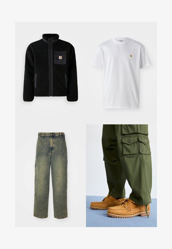 Veste en polaire noire avec fermeture éclair à l'avant, col haut et tissu texturé. Elle dispose d'une poche sur la poitrine et de poches latérales avec fermetures éclair.; T-shirt en coton blanc à manches courtes, col rond, avec un petit logo doré sur la poitrine gauche. Texture douce et coupe régulière.; Jeans en denim ample avec un délavage bleu et vert. Comprend une fermeture à bouton, des passants de ceinture et des poches latérales. Pas de pli à l'avant et design à jambe droite.; Timberland AUTHENTIC 3 EYE - Chaussures bateau - wheat