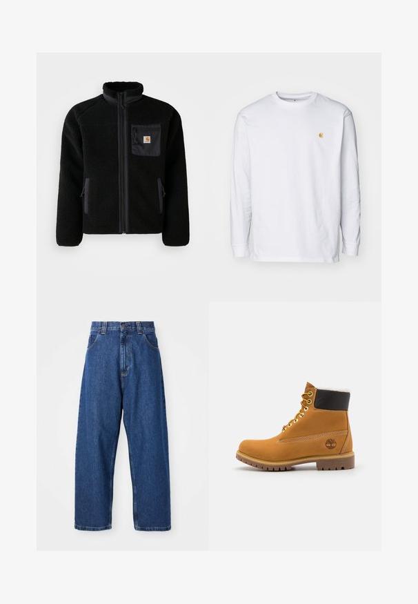 Black fleece jacket with a zip front, high collar, and textured fabric. Features a chest pocket and side pockets with zip closures.; White long-sleeve t-shirt made of cotton. Features a small golden logo on the chest and a crew neckline. Simple design and standard fit.; Denim wide-leg jeans in dark blue. Features a high waist, belt loops, and classic five-pocket design. Stitched hem with a clean finish.; Brown leather ankle boot with metal eyelets, white fur lining, black padded collar, rugged sole, and embossed logo on the side.