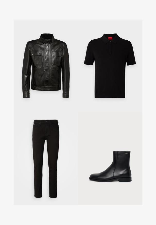 Zwarte leren jas met een kraag, twee voorzakken en gedetailleerde stiksels. Voorzien van een zijrits en een verstelbare riem in de taille.; Zwarte poloshirt van gladde katoen. Met een klassieke kraag, korte mouwen en een rood label op de hals. Geen patronen of accenten.; Zwarte denim jeans met een rechte pijp, een ritssluiting en een vijf-pocket ontwerp. De stof heeft een gladde textuur zonder zichtbare patronen.; Zwarte leren enkellaars met lage hak, zijstiksels en klein "HUGO" logo op de bovenste boord tegen een effen achtergrond.