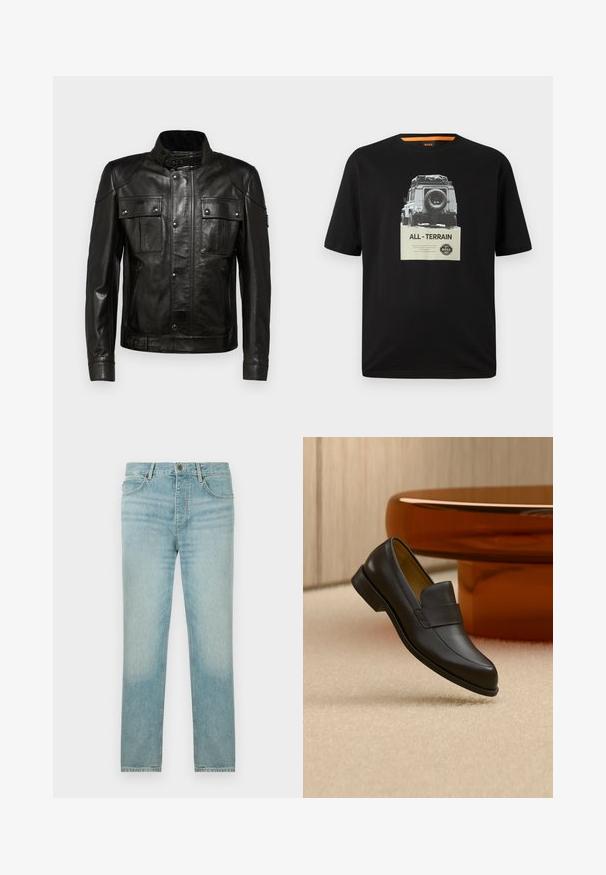 Zwarte leren jas met een kraag, twee voorzakken en gedetailleerde stiksels. Voorzien van een zijrits en een verstelbare riem in de taille.; Zwart katoenen t-shirt met ronde hals, voorzien van een grafische print van een klassiek voertuig en tekst "ALL - TERRAIN" op de borst.; Lichtblauwe denim jeans met een rechte pasvorm, met een vervaagde wassing, vijf-pocketontwerp en een knoopsluiting aan de voorkant.; Zwarte leren loafer met lage hak zwevend boven een beige tapijt dichtbij een ronde bruine tafel.