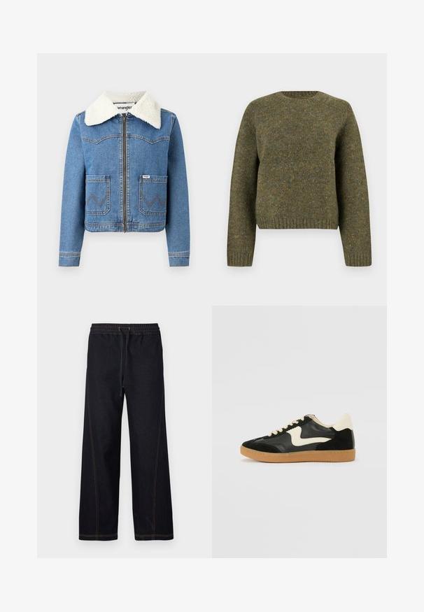 Veste en denim avec fermeture éclair à l'avant, couleur bleu clair, col en fausse toison, deux poches avant avec couture en zigzag et détail du logo Wrangler.; Pull en laine vert avec un col rond, des poignets et un ourlet côtelés, un tissu texturé et une coupe légèrement ample.; Pantalon en denim foncé à jambes larges, doté d'une taille élastique avec cordon de serrage, de coutures orange contrastantes et de lignes droites et épurées.; Baskets en daim et cuir noir avec un swoosh latéral crème et un talon crème clair. Dotées de lacets beige et d'une semelle en caoutchouc gomme.