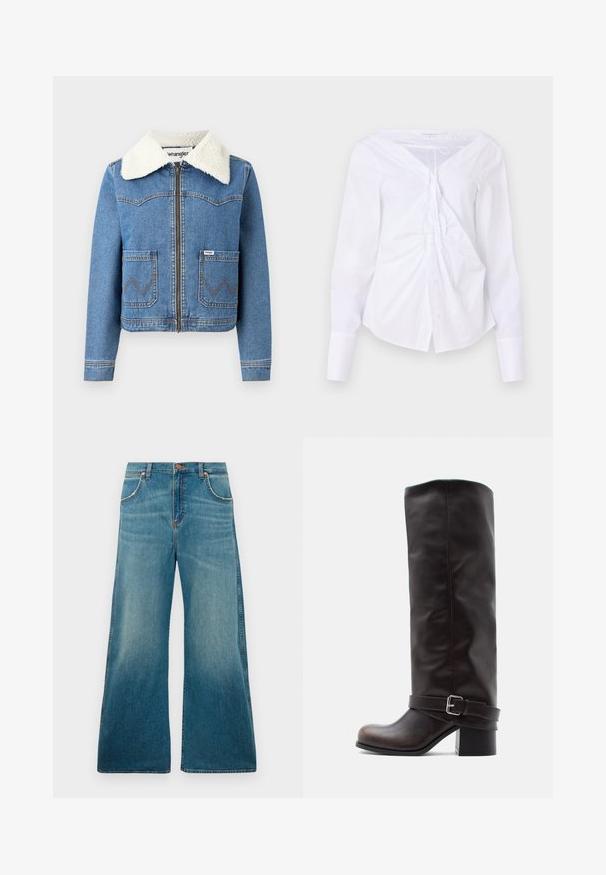 Veste en denim avec fermeture éclair à l'avant, couleur bleu clair, col en fausse toison, deux poches avant avec couture en zigzag et détail du logo Wrangler.; Good American Blouse - white; Jeans en denim bleu taille haute avec jambes larges, poches avant, fermeture à bouton et dégradé de couleur usé allant de la taille à l'ourlet.; Botte montante en cuir brun foncé avec bout arrondi, petit talon bloc, et sangle décorative avec boucle argentée près de la cheville.