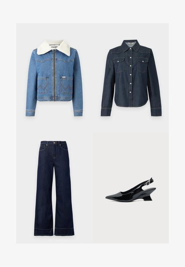 Veste en denim avec fermeture éclair à l'avant, couleur bleu clair, col en fausse toison, deux poches avant avec couture en zigzag et détail du logo Wrangler.; Chemise en denim bleu foncé à manches longues, col pointu, deux poches poitrine et fermeture à boutons blancs. Couture contrastée le long des coutures.; Jean large bleu foncé en denim. Caractéristiques : fermeture par bouton, détails de couture et poches latérales. Ourlet évasé en bas.; Chaussure slingback en cuir verni noir avec bout pointu et petit talon bloc incliné sur fond clair uni.