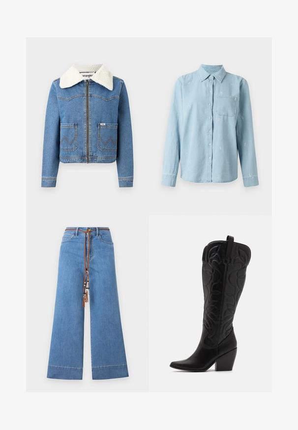 Veste en denim avec fermeture éclair à l'avant, couleur bleu clair, col en fausse toison, deux poches avant avec couture en zigzag et détail du logo Wrangler.; Chemise en jean bleu clair à manches longues, avec un bouton à l'avant et une poche sur la poitrine. Présente une broderie florale blanche sur le tissu.; Jeans en denim large bleu clair avec une taille à cordon tressé marron, ornés de perles décoratives et d'un design traditionnel à cinq poches.; Bottes hautes en cuir noir jusqu'aux genoux avec bout pointu et talon empilé. Caractéristiques de coutures décoratives et éléments de design courbés.