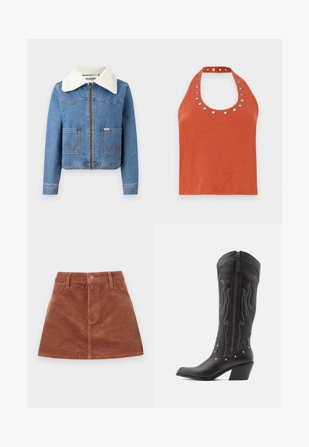 Veste en denim avec fermeture éclair à l'avant, couleur bleu clair, col en fausse toison, deux poches avant avec couture en zigzag et détail du logo Wrangler.; Haut halter de couleur rouille avec un col rond, comportant des œillets en métal argenté autour du col. Texture douce et design ajusté.; Jupe mini en velours côtelé marron avec texture à côtes verticales, poches avant, fermeture à bouton et coupe droite.; Bottes de cowboy en cuir marron avec surpiqûres en forme de flammes, fermeture éclair latérale, clous argentés, bout pointu et talon superposé.