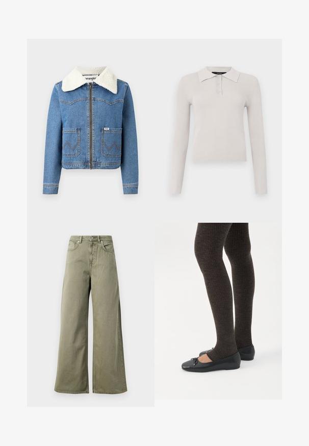 Veste en denim avec fermeture éclair à l'avant, couleur bleu clair, col en fausse toison, deux poches avant avec couture en zigzag et détail du logo Wrangler.; Polo à manches longues gris clair avec une texture côtelée, patte de boutonnage à deux boutons et col classique. Tissu doux avec une coupe ajustée.; Jeans taille haute, vert olive, à jambes larges avec bouton avant, fermeture éclair et design à cinq poches sur fond blanc.; Jambes portant des leggings côtelés foncés associés à des ballerines noires avec de petits détails en nœud sur fond blanc.