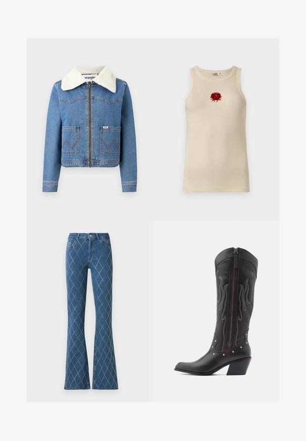 Jeansjacke mit Reißverschluss vorne, in hellblauer Farbe, mit Kragen aus Kunstfell, zwei vorderen Taschen mit Zickzacknähten und Wrangler-Logodetail.; Beiges, geripptes ärmelloses Tanktop mit einer kleinen roten Krebs-Stickerei in der Mitte der Brust.; Ausgestellte Jeans aus dunkelblauem Denim mit hellen, aufgestickten Diamantmustern. Mit Fronttaschen und einer Knopfverschluss am Bund.; Braune Cowboy-Stiefel aus Leder mit Flammenstickerei, seitlichem Reißverschluss, silbernen Nieten, spitzer Zehenpartie und geschichtetem Absatz.