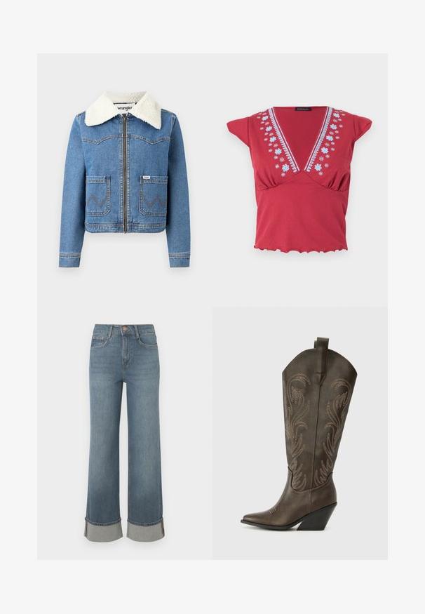 Jeansjacke mit Reißverschluss vorne, in hellblauer Farbe, mit Kragen aus Kunstfell, zwei vorderen Taschen mit Zickzacknähten und Wrangler-Logodetail.; Rotes Kurzarm-Top mit tiefem V-Ausschnitt, blauer Blumenstickerei entlang des Halsausschnitts und Rüschensaum vor weißem Hintergrund.; Weite blaue Denim-Jeans verfügen über eine hohe Taille, umgekrempelte Säume mit grauen Akzenten, ein Fünf-Taschen-Design und einen vorderen Knopfverschluss.; Braune Leder-Cowboystiefel mit einer spitzen Zehe, Wedge-Absatz und dekorativer Stickerei. Besitzt einen hohen Schaft und eine Zuglasche.