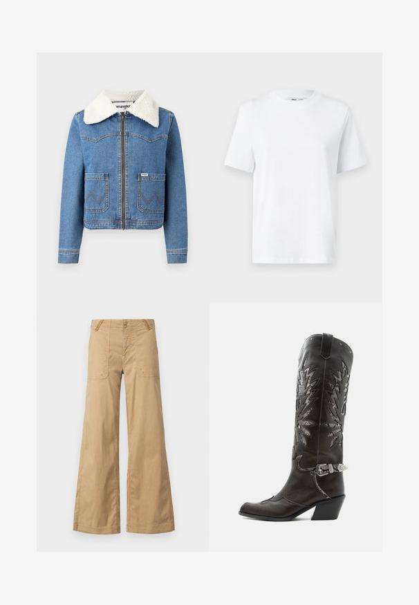 Veste en denim avec fermeture éclair à l'avant, couleur bleu clair, col en fausse toison, deux poches avant avec couture en zigzag et détail du logo Wrangler.; T-shirt en coton blanc à col rond, avec des manches courtes et une texture lisse. Conçu avec une coupe décontractée pour plus de confort et de polyvalence.; Pantalons larges beiges en coton, dotés de deux poches avant, de boutons doubles à la taille et d'un design sans embellissement.; Botte de cowboy en cuir noir avec découpes décoratives, boucle argentée et talon incliné, présentée sur fond blanc.