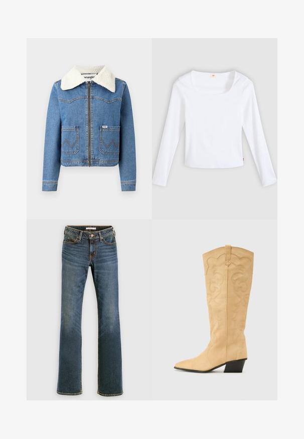 Jeansjacke mit Reißverschluss vorne, in hellblauer Farbe, mit Kragen aus Kunstfell, zwei vorderen Taschen mit Zickzacknähten und Wrangler-Logodetail.; Weißes Langarm-T-Shirt aus Rippstoff mit quadratischem Ausschnitt und figurbetontem Schnitt, mit einem kleinen Logobändchen an der Seite.; Blaue Bootcut-Jeans aus Denim mit vorderen und hinteren Taschen, Knopf- und Reißverschluss sowie subtilen Verwaschungen an Oberschenkeln und Knien.; RAID VAANYA - Cowboy-/Bikerboot - nude