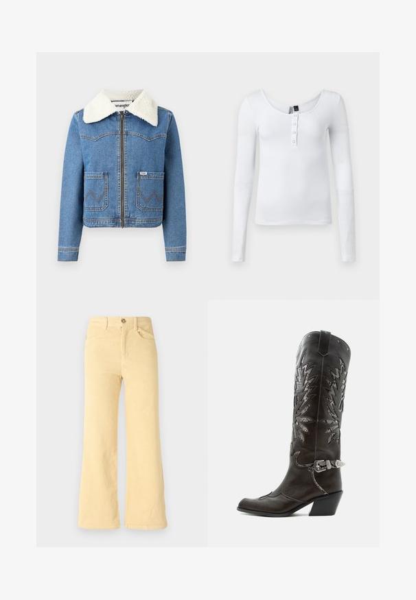 Jeansjacke mit Reißverschluss vorne, in hellblauer Farbe, mit Kragen aus Kunstfell, zwei vorderen Taschen mit Zickzacknähten und Wrangler-Logodetail.; Weißes langärmliges, geripptes Oberteil mit Rundhalsausschnitt und vier Knöpfen auf der Vorderseite. Der Stoff hat eine glatte Textur und eine figurbetonte Passform.; Gelbe, leicht ausgestellte Cordhosen mit einer gerippten Textur, ausgestattet mit fünf Taschen und einem vorderen Knopfverschluss.; Schwarzer Leder-Cowboystiefel mit dekorativen Ausschnitten, silberner Schnalle und schräger Ferse, auf weißem Hintergrund dargestellt.