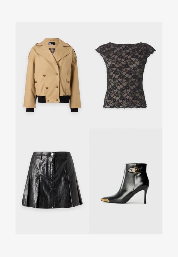 Veste beige à double boutonnage avec larges revers, boutons dorés, doublure intérieure à carreaux, poignets et bas en maille côtelée noire, et épaulettes sur les épaules.; Haut court en dentelle noire avec motif floral et bords festonnés, tissu transparent laissant apparaître une doublure beige en dessous.; Jupe en simili cuir noir avec un design évasé, présentant des plis à l'avant, une fermeture à bouton métallique et des poches latérales. Texture lisse et brillante.; Bottine noire en cuir brillant, avec un bout pointu, un talon aiguille, et des accessoires dorés ornés d'une boucle décorative.