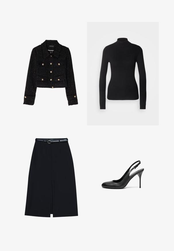 Anna Field by Zalando Veste légère - black; Pull à col roulé noir en maille légère. Il possède des manches longues, une coupe ajustée et une texture côtelée douce.; Jupe noire à mi-cuisse avec une fente frontale, fabriquée en tissu lisse. Comprend une fine ceinture noire avec une boucle en argent et des passants.; Escarpin slingback en cuir noir avec un bout pointu, un talon aiguille fin et une sangle ajustable. Texture lisse et design minimaliste.