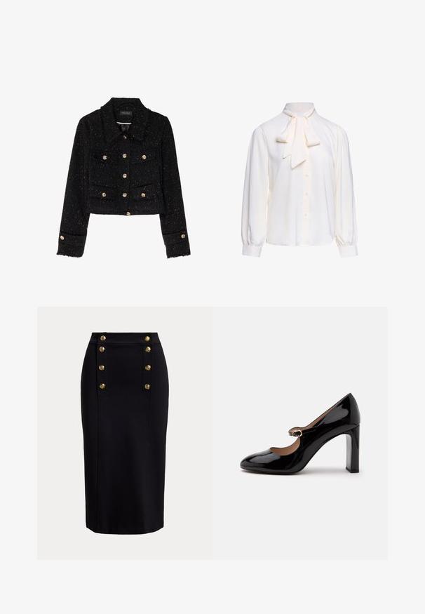 Anna Field by Zalando Veste légère - black; Blouse blanche à manches longues avec boutonnière devant et grand nœud noué au col sur un fond uni.; Jupe crayon noire longueur genou avec panneau vertical devant et deux rangées de six boutons décoratifs dorés.; Chaussure Mary Jane à talon haut en cuir verni noir avec un bout arrondi et une petite sangle à boucle sur le coup de pied sur fond blanc.