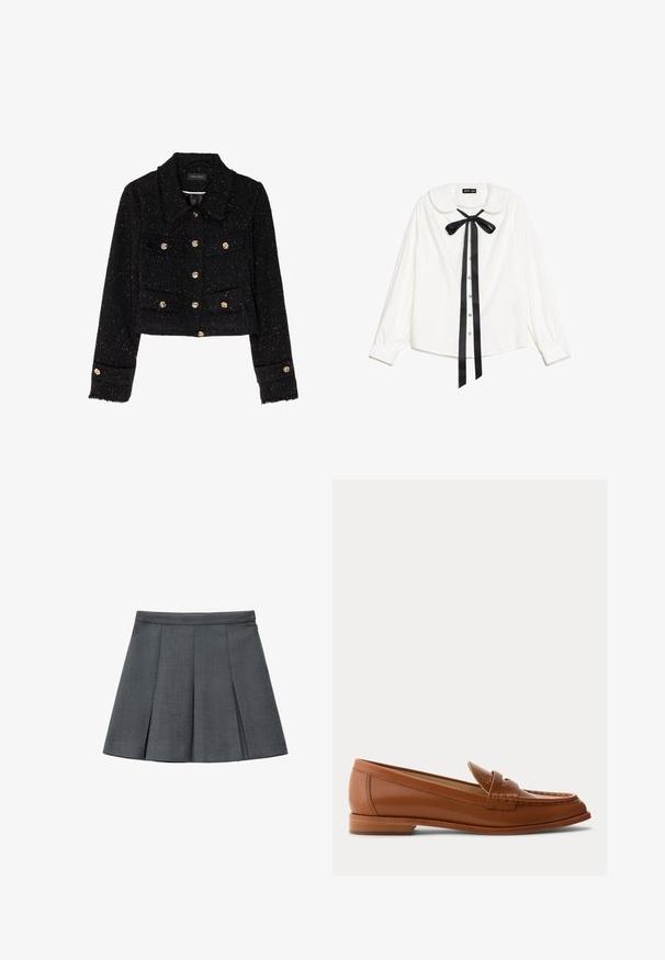 Anna Field Veste légère - black; Blouse blanche à manches longues avec col Peter Pan, nœud en satin noir au cou et boutons en perles à l'avant.; Jupe plissée grise en tissu texturé, dotée d'une taille ajustée et d'une forme évasée, adaptée aux occasions décontractées ou formelles.; Mocassin en cuir marron avec petit talon en bois, bride classique pour pièce et détails cousus le long de la pointe et des côtés.