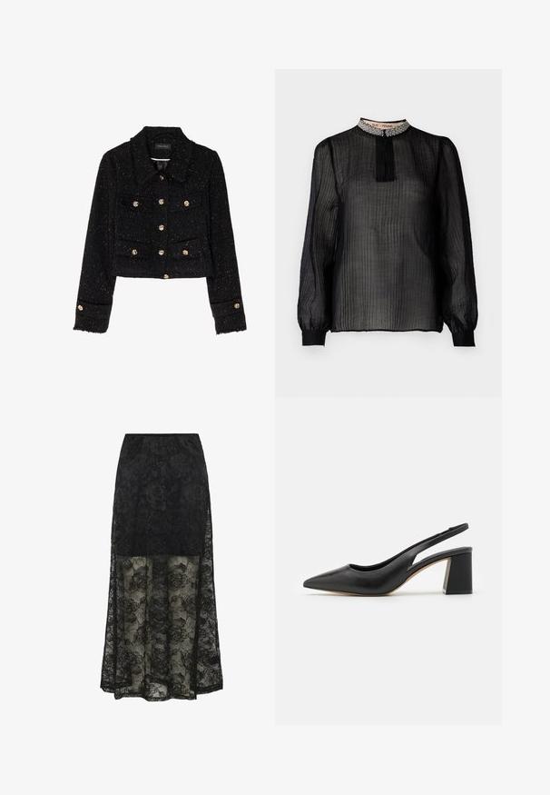 Anna Field Veste légère - black; Chemisier noir transparent à manches longues avec un design plissé, col montant orné de perles et poignets élastiqués.; Jupe maxi en dentelle noire avec motif floral et partie inférieure transparente. La taille élastique et la section supérieure unie offrent une texture et un design contrastants.; Escarpin slingback en cuir noir avec un bout pointu, un design découpé et un talon bloc épais. Texture lisse avec une esthétique minimaliste.