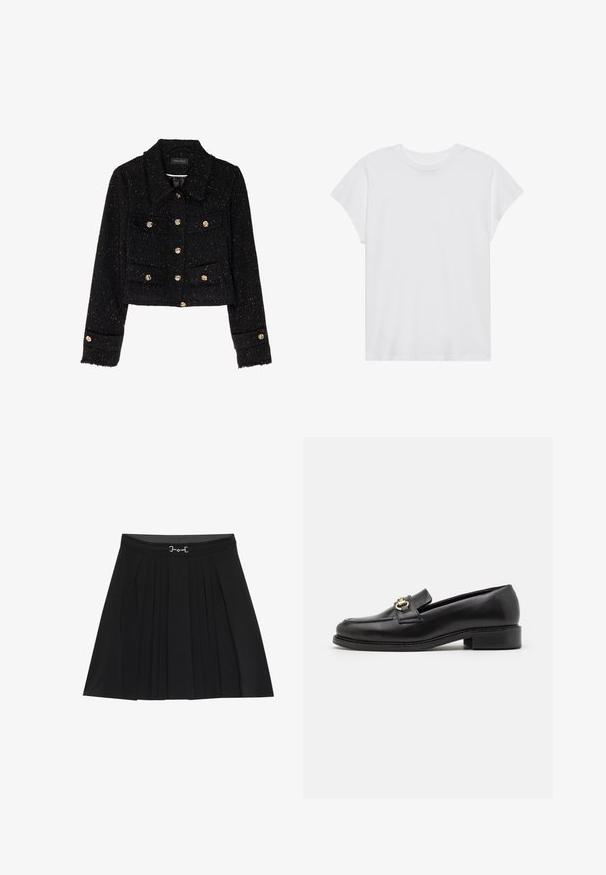 Anna Field by Zalando Veste légère - black; T-shirt blanc à manches courtes, col rond, coupe décontractée, en tissu de coton doux. Texture lisse, sans motifs ni logos.; Jupe plissée noire avec une taille ajustée et des détails en métal argenté. Fabriquée dans un tissu lisse, elle présente des plis verticaux et une forme évasée.; Mocassin en cuir noir avec un petit talon carré, présentant un accent en métal doré et des coutures détaillées le long de l'orteil et du dessus.