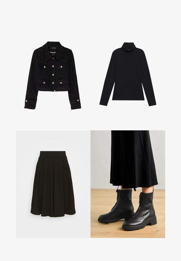 Anna Field by Zalando Veste légère - black; Turtleneck à manches longues noir. Tissu doux, design près du corps, col montant et coutures latérales. Style simple et polyvalent, idéal pour le superposition.; Jupe plissée noire avec une large ceinture élastique. Fabriquée dans un tissu doux, elle présente un ourlet à mi-genoux et une texture lisse.; Bottines en cuir noir avec une semelle plateforme épaisse et une fermeture éclair à l'avant. Texture lisse avec un design minimaliste.