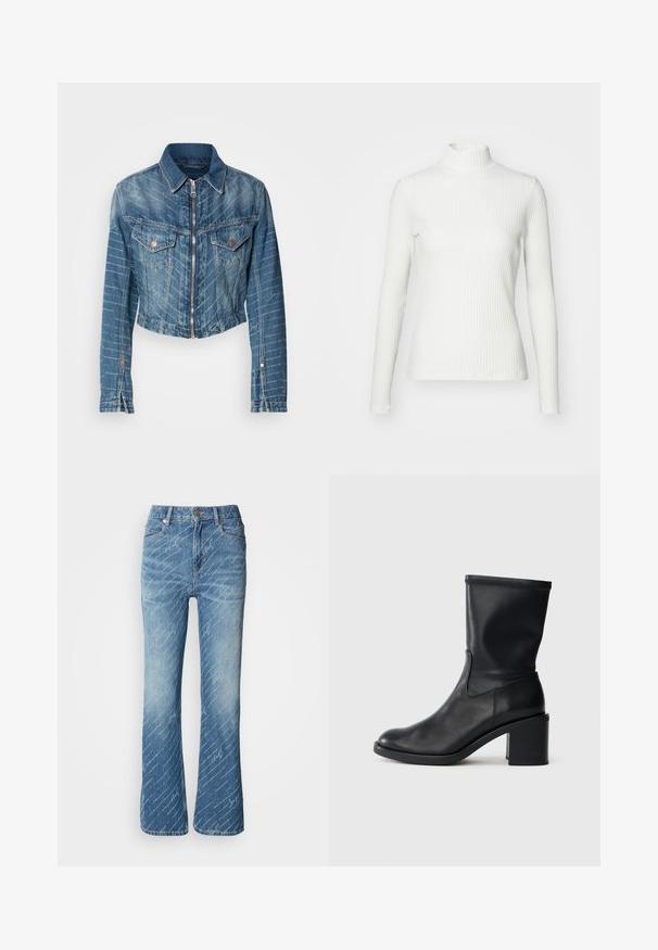 Gekürzte Jeansjacke mit zwei Fronttaschen, einem Reißverschluss und einem hellblauen Washed-Look mit dezenten weißen Nähten.; Weißes geripptes Turtleneck-Oberteil mit langen Ärmeln, aus elastischem Stoff. Verfügt über ein enganliegendes Design und einen hohen Kragen für zusätzlichen Schutz.; Ausgestellte blaue Jeans aus Denim mit heller Waschung, schrägem weißen Textmuster, Fünf-Taschen-Design und Metallknopfverschluss.; Schwarze Leder-Ankle Boots mit runder Zehenform, glatter Oberfläche und dicker Absatz, ausgestattet mit einem eng anliegenden Schaft und subtilen Nähten.