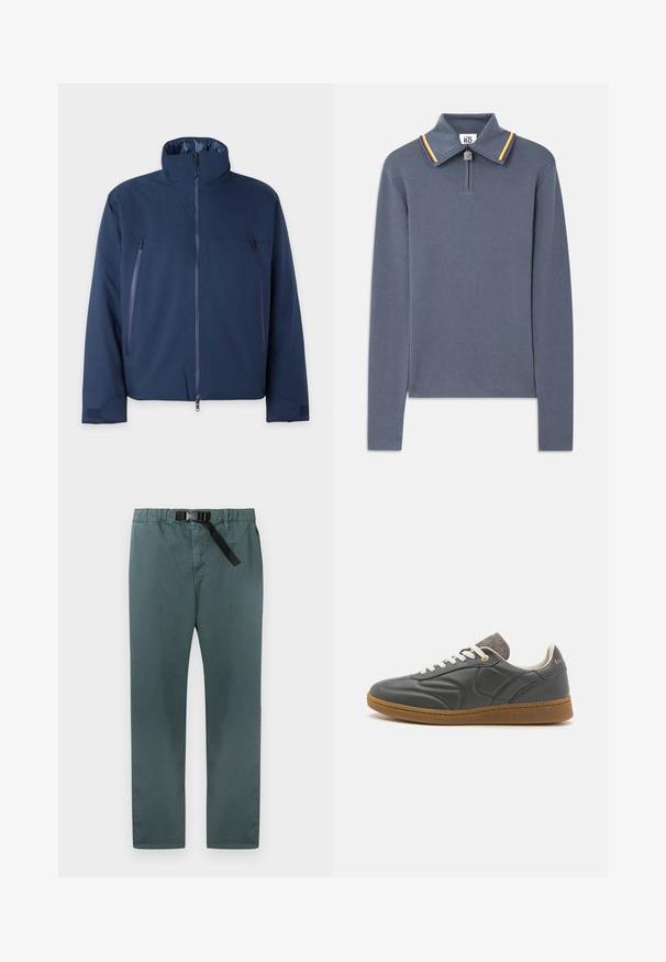 Veste bleu marine avec un col haut, fermeture à glissière à l'avant et deux poches poitrine zippées. Fabriquée dans un tissu lisse et durable avec une coupe confortable.; Polo à manches longues bleu avec col zippé, présentant un col à rayures contrastées en rouge, jaune et vert. Texture en maille lisse.; Pantalon droit vert foncé avec taille élastique et ceinture noire intégrée réglable avec fermeture à boucle.; Baskets en cuir gris foncé avec un bout arrondi, lacets blancs, semelle en caoutchouc beige et légers accents en tissu gris au niveau du col. Détail du logo doré.