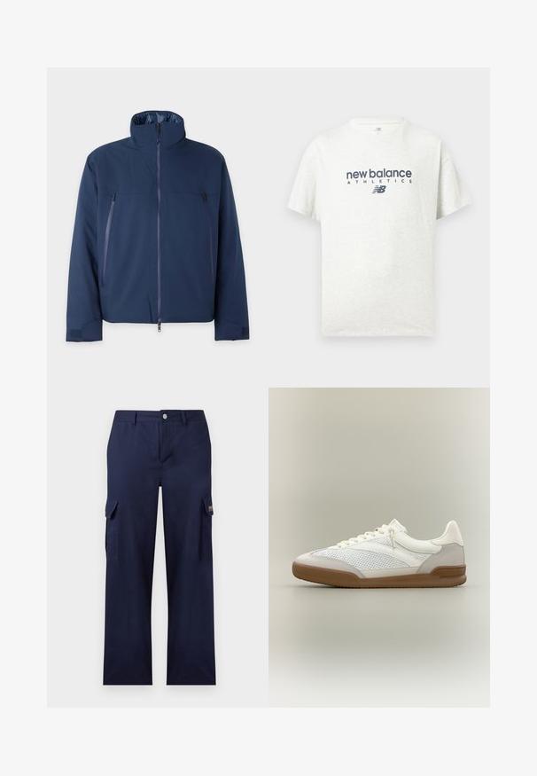 Veste bleu marine avec un col haut, fermeture à glissière à l'avant et deux poches poitrine zippées. Fabriquée dans un tissu lisse et durable avec une coupe confortable.; T-shirt blanc à manches courtes avec col rond, imprimé au centre devant du texte "new balance ATHLETICS" et du logo "NB" en bleu foncé.; Pantalon cargo bleu marine à jambe droite avec poches à rabat latérales, passants de ceinture, et fermeture avant par bouton et fermeture éclair.; Baskets basses blanches et gris clair avec panneaux en maille et en daim, lacets blancs et semelle en caoutchouc marron sur un fond neutre.