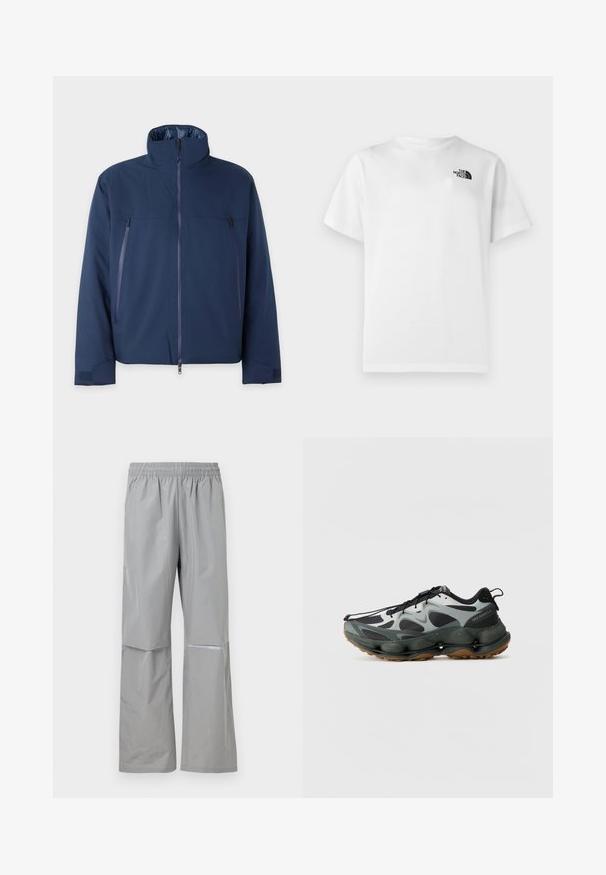 Veste bleu marine avec un col haut, fermeture à glissière à l'avant et deux poches poitrine zippées. Fabriquée dans un tissu lisse et durable avec une coupe confortable.; T-shirt en coton blanc à manches courtes et col rond. Présente un petit logo noir sur le côté gauche supérieur. Texture lisse.; Pantalon de pluie imperméable gris clair avec taille élastique et bande réfléchissante sur la jambe droite, conçu pour une utilisation en extérieur.; Chaussures de sport noires et grises avec tige en mesh, semelle sculptée et semelle extérieure en caoutchouc. Présente un système de laçage sécuritaire et une languette à l'arrière.