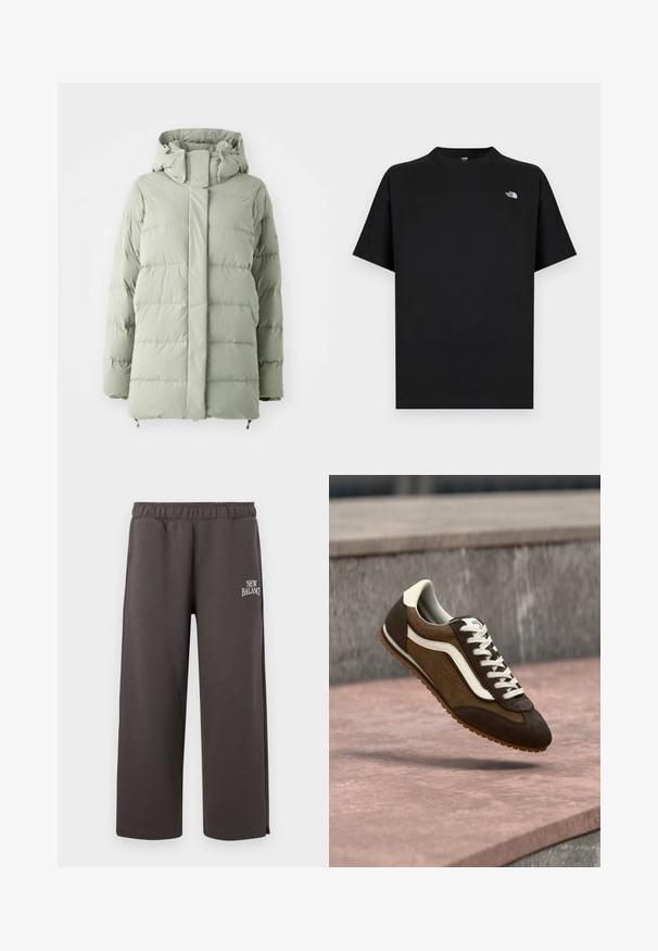 Polstret jakke i lys grøn med høj krave, justerbar hætte og frontlynlås. Glat tekstur med horisontalt quiltet detaljer.; Sort t-shirt med korte ærmer lavet af bomuld med rund hals. Har en lille hvid logo på venstre bryst og en standard pasform.; Mørkegrå sweatpants med lige ben, elastik i taljen og lille hvid "New Balance"-logo på højre lår.; Brun og mørkebrun ruskindssneaker med hvid stribe og snørebånd, svævende over en lyserød stensurface og grå baggrund.