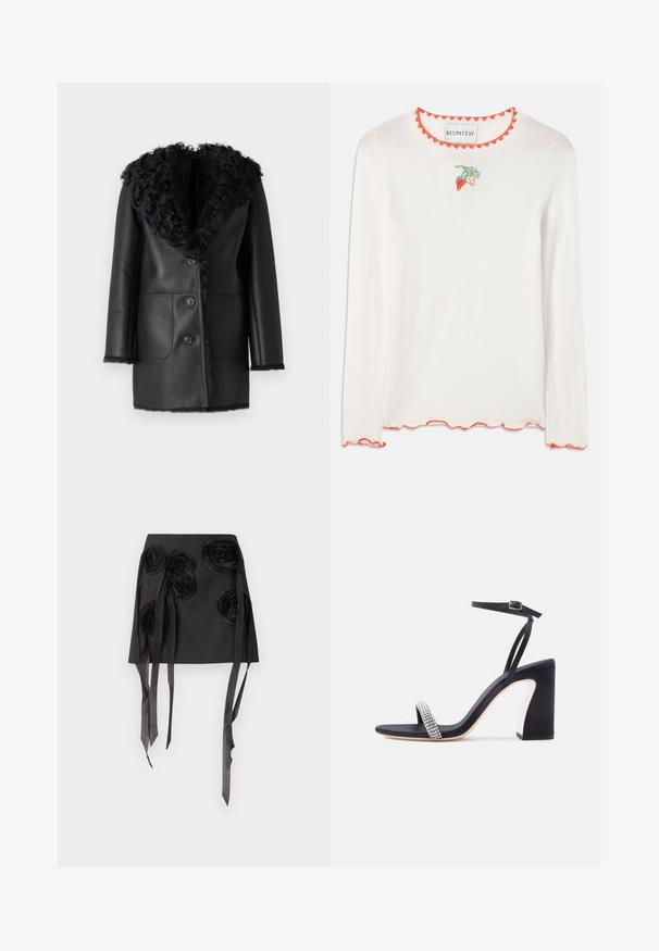 Must must coat faux karusnahast kraega, kahe esisegmendi taskuga ja nööbisahtliga. Sile tekstuur, keskmise pikkusega disain.; Valge pika varrukaga särk, millel on punane laineline kaelus. Esiküljel on väike roheline ja punane maasika tikand.; Musta seelik, millel on kolmemõõtmelised lilleaplikatsioonid ja pikad voolavad satiiniribad. Materjal on sileda tekstuuriga ja struktureeritud disainiga.; Must kõrge kontsaga sandaal ankerrihmaga ja sädelevate kividetailidega varbarihmaga valgel taustal.