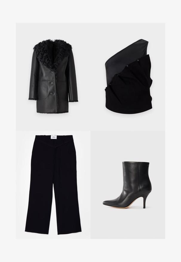 Must must coat faux karusnahast kraega, kahe esisegmendi taskuga ja nööbisahtliga. Sile tekstuur, keskmise pikkusega disain.; Asümmeetriline must top, millel on sile naha paneel ja tekstuuriga kudumiga kanga detail, millel on kogumise efekt ja nupud.; Mustad mustad püksid, mis on valmistatud siledast kangast. Omab lapitud vöökohaga ja puhtat viimistlust hems.; Must musta jalatsid terava ninaga, õhukese stiletto kontsaga ja siledast nahast. Minimalistlik disain ilma nähtava riistvarata või aksessuaarideta.