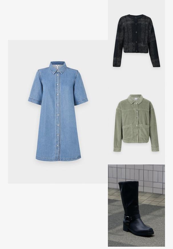 Chaqueta de pana verde claro con mangas largas, cierre de botones, dos grandes bolsillos frontales y un cuello clásico sobre un fondo liso.; Cárdigan difuso en negro y gris con cuello redondo, mangas largas y cinco botones en la parte delantera. Textura suave con un diseño corto.; Vestido de camisa de mezclilla, azul claro, de manga corta, con cuello, cierre de botón en la parte delantera, hasta la rodilla, detalle de costura en las mangas, corte casual.; Bota negra de cuero hasta la mitad de la pantorrilla con un tacón bajo de bloque y una correa decorativa con hebilla metálica alrededor del tobillo, sobre un pavimento de baldosas.