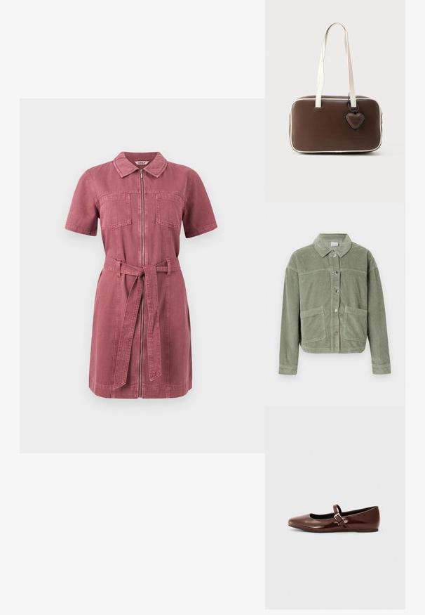 Lichtgroene corduroy jas met lange mouwen, knopenfront, twee grote voorzakken en een klassieke kraag op een effen achtergrond.; Korte mouwen denimjurk in stoffig roze met ritssluiting aan de voorkant, twee borstzakken, kraag en bijpassende stoffen riem gestrikt in de taille.; Bruine gepatineerde leren balletschoen met een vierkante neus en een bandje met een kleine gouden gesp. Gladde textuur, lage hak en minimalistisch ontwerp.; Bruine handtas van imitatieleer met witte biezen, rechthoekige vorm, korte handvatten en een decoratief hartvormig label eraan bevestigd.