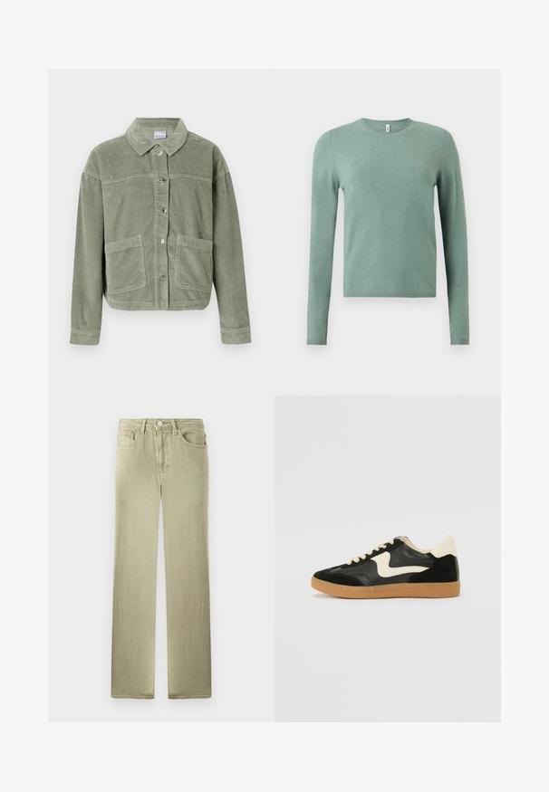 Veste en velours côtelé vert clair avec des manches longues, fermeture à boutons, deux grandes poches avant et un col classique sur fond uni.; Pull vert à manches longues en tissu tricoté. Présente un col rond, des poignets et un ourlet côtelés. Texture lisse avec une couleur unie.; Jean beige à jambe droite avec poches avant et arrière, fermeture par bouton et zip, présenté sur un fond blanc.; Baskets en daim et cuir noir avec un swoosh latéral crème et un talon crème clair. Dotées de lacets beige et d'une semelle en caoutchouc gomme.