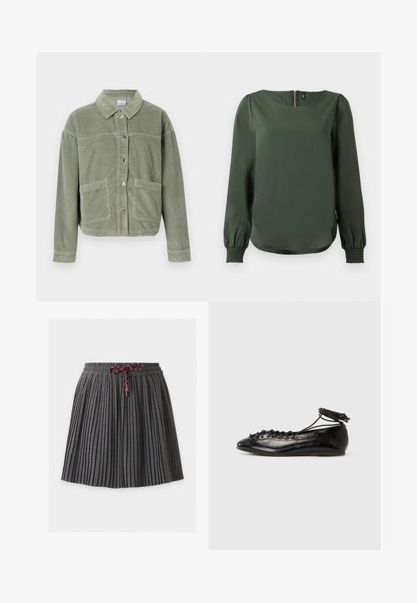Veste en velours côtelé vert clair avec des manches longues, fermeture à boutons, deux grandes poches avant et un col classique sur fond uni.; Blouse verte avec un col rond, des manches longues à poignets smockés et une fermeture éclair centrale au dos. Texture lisse.; Jupe plissée gris foncé avec une taille élastique et un cordon bordeaux noué au centre devant.; Ballerines en cuir verni noir avec un bout rond, un design à lacets et une semelle plate. Texture lisse avec peu de détails.